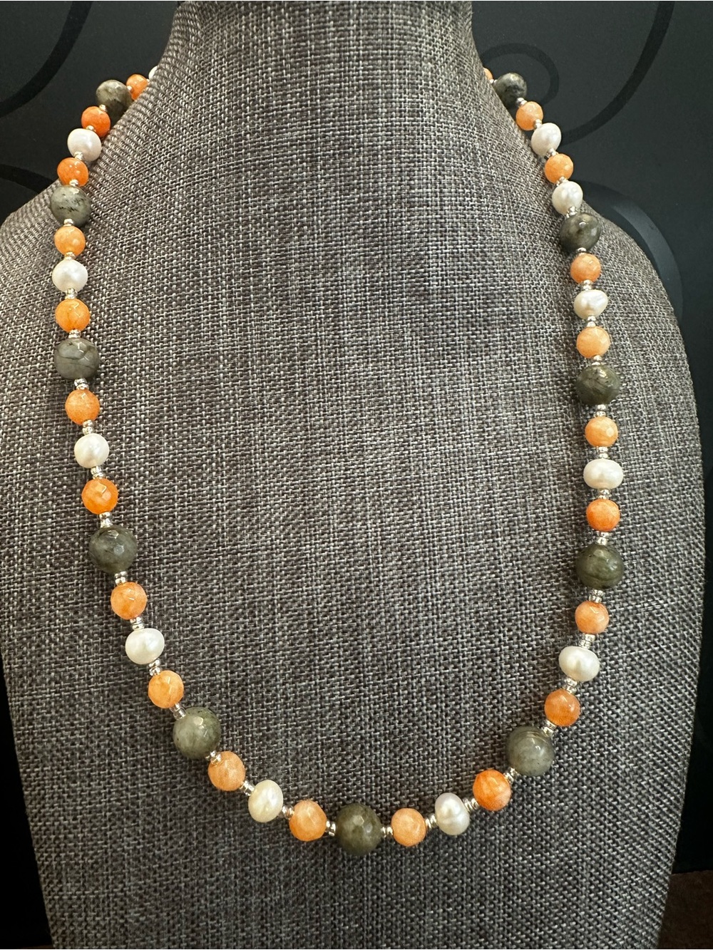 Handmade Orange Agate, Labradorite and White Pearls Beaded Necklace